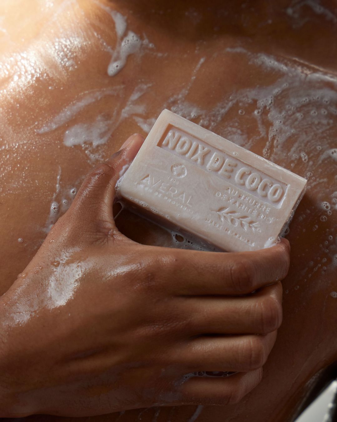 Averal Provence Coconut bar soap lathered in the shower