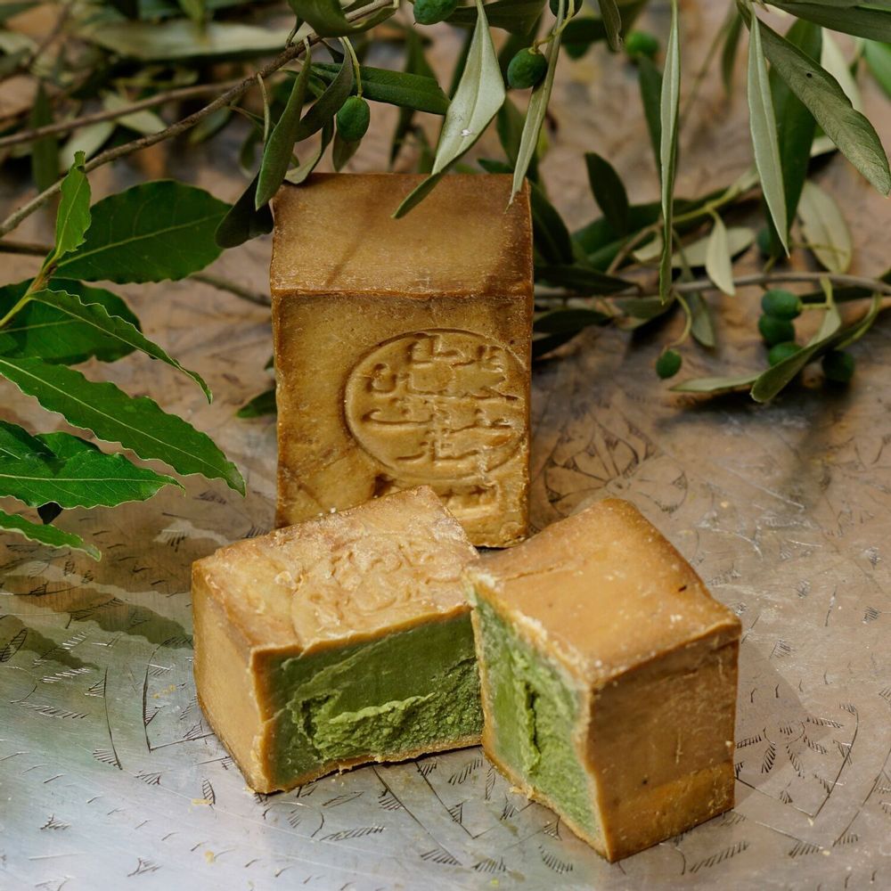 Averal Provence authentic Aleppo soap, olive and laurel oil, cut to show the green centre