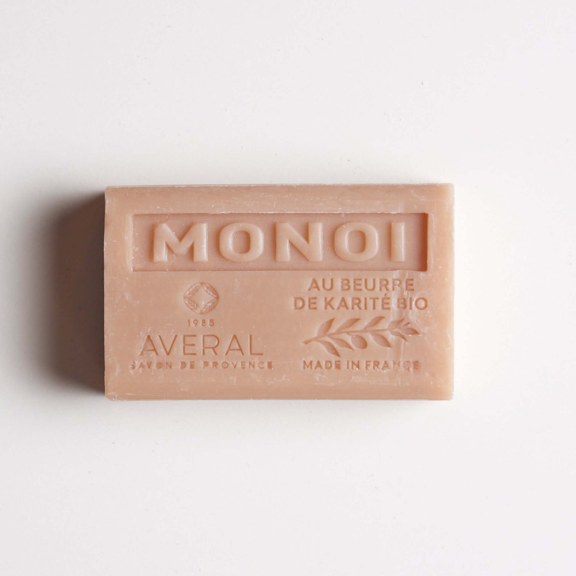 Averal Provence Monoi French bar soap stamped Monoi on a white background